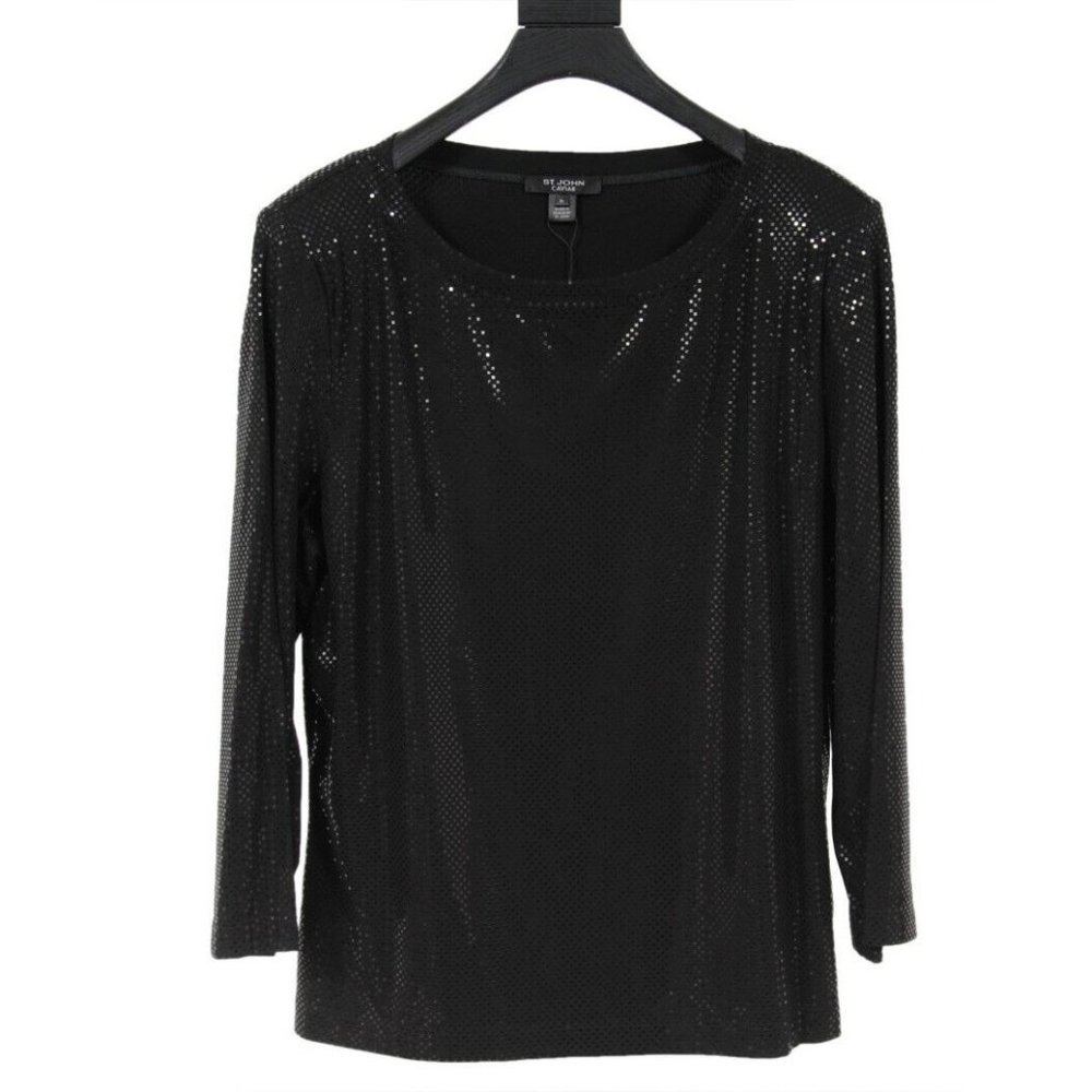 St. John Caviar Womens Padded Shoulder T Shirt Size XL Black Shimmer Long Sleeve